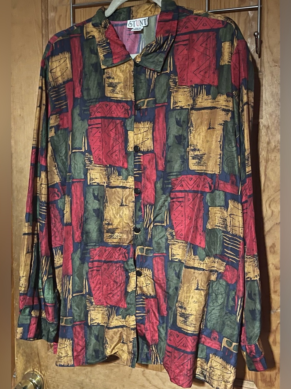 VTG 90s Stunt 100% Silk Geometric Abstract Patchwork Blouse Top Plus Size 2X